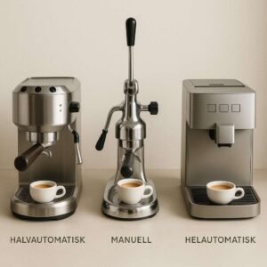 Scandinavian specialty coffee – scandinavian specialty coffee photography, skillnaden mellan halvautomatisk, manuell och helautomatisk espressomaskin, clean minimalistic style, soft light