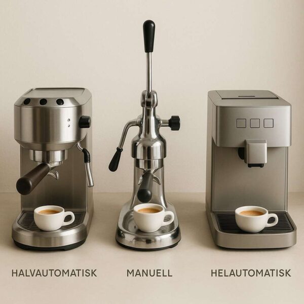 Scandinavian specialty coffee – scandinavian specialty coffee photography, skillnaden mellan halvautomatisk, manuell och helautomatisk espressomaskin, clean minimalistic style, soft light