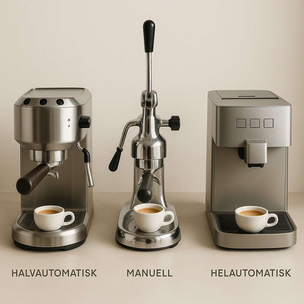 Scandinavian specialty coffee – scandinavian specialty coffee photography, skillnaden mellan halvautomatisk, manuell och helautomatisk espressomaskin, clean minimalistic style, soft light
